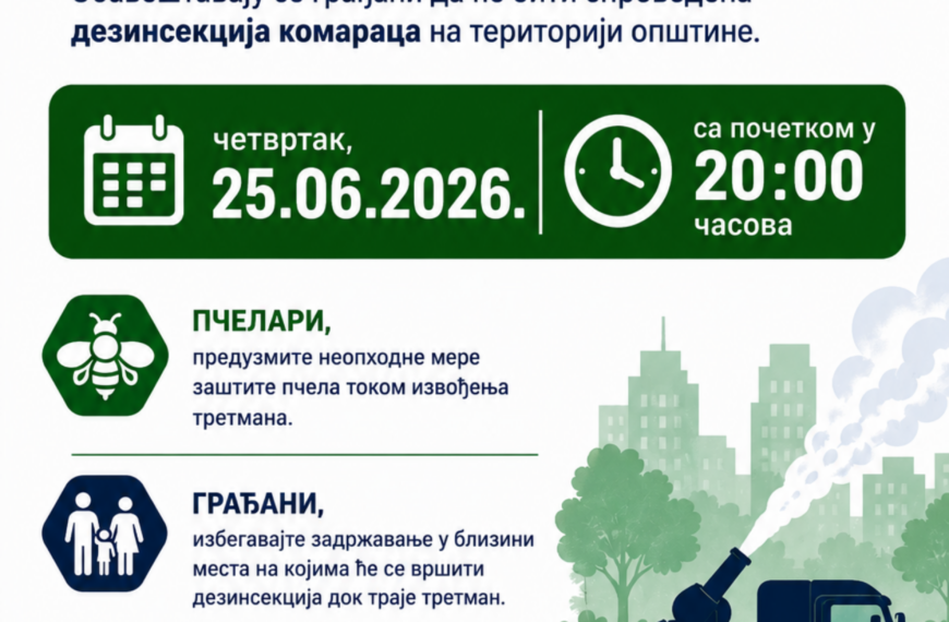 Обавештење о спровођењу дезинсекције комараца на територији општине 25.06.2026.